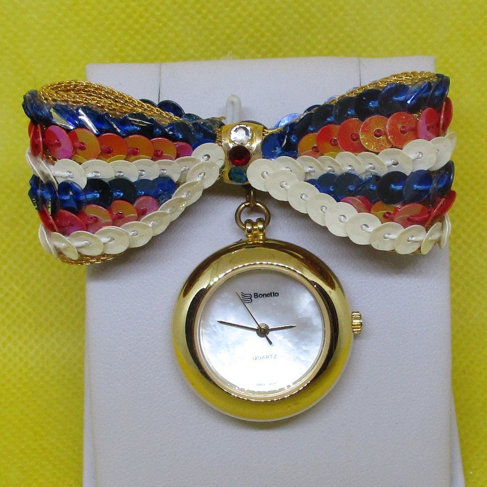 BONETTO Watch Red White Blue SEQUINS Gold Mesh Bow - Picture 1 of 7